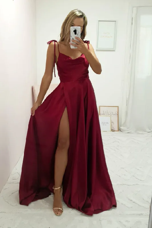 women's maternity dressesDark Red Cowl Neckline Satin Long Prom Dress Simple Senior Prom Dress Y494