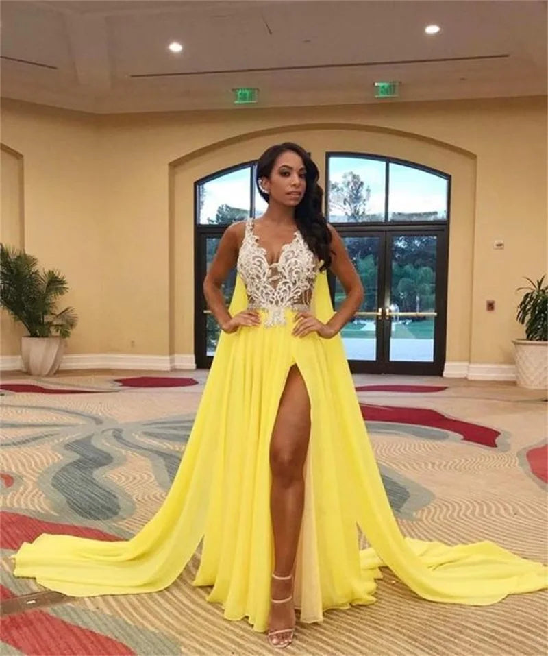 Formal DressBright Yellow Summer Evening Dresses With Wrap Appliqued Lace Beads Sleeveless Formal Prom Dress Custom Made Sexy Illusion