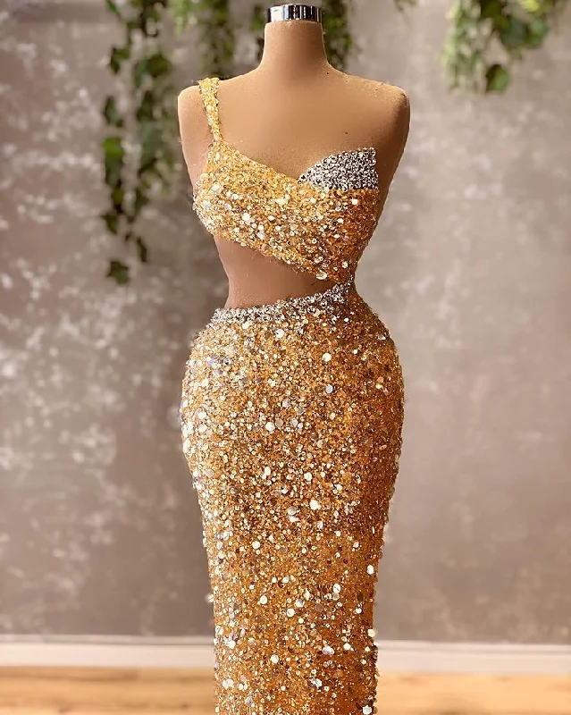 Custom DressGold Sparkly Mermaid Prom Dresses Beaded Crystals One Shoulder Evening Y62 Custom DressGold Sparkly Mermaid Prom Dresses Beaded Crystals One Shoulder Evening Y62