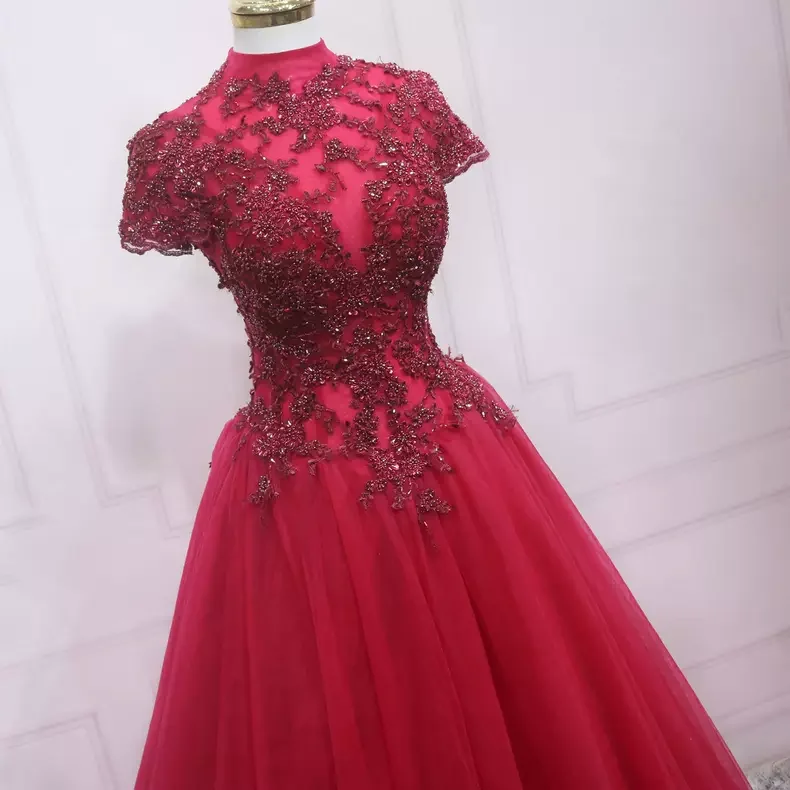 Knit DressVintage Lace Tulle Prom Dresses Short Sleeves Prom Dress s41