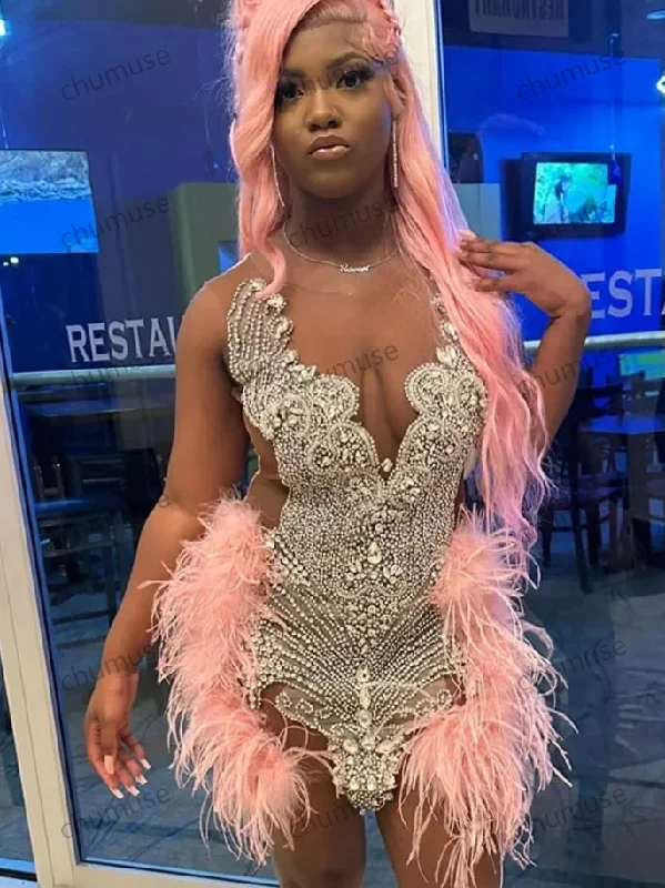 Maternity DressShining Pink Crystal Short Prom Dress For Black Girl Sparkly Rhinestones Senior Cocktail Dress Birthday Gown Feathers Maternity DressShining Pink Crystal Short Prom Dress For Black Girl Sparkly Rhinestones Senior Cocktail Dress Birthday Gown Feathers