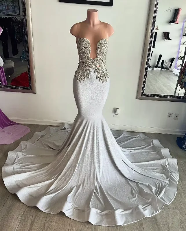 Sequined DressWomen African American Prom Dresses Mermaid Sheer Beaded Black Girls Nigeria Saudi Arabia Evening Dresses Gown
