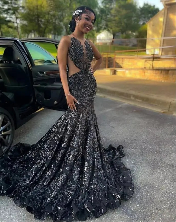 women's everyday dressesBlack Sparkly Mermaid Long Prom Dresses Gillter Crystal Sequins Applique Sheer Mesh Customsized Evening Birthday Gown 2025