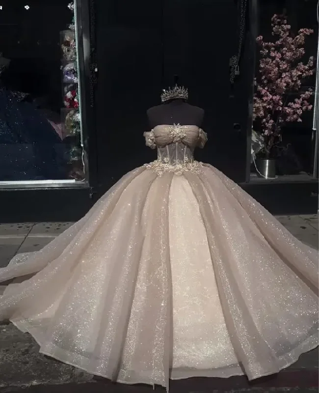 Chiffon DressChampagne Sparkly Princess Quinceanera Dresses Off Shoulder Gillter Corset vestidos de 15 años quinceañeras Sweet 16 prom
