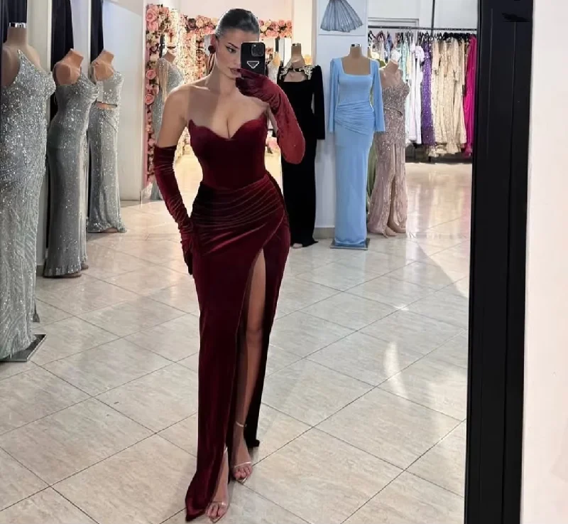 Glitter DressCustomized Long Burgundy Velvet Prom Dresses with Slit Mermaid V-Neck فساتين سهرة Floor Length Evening Dresses for Women