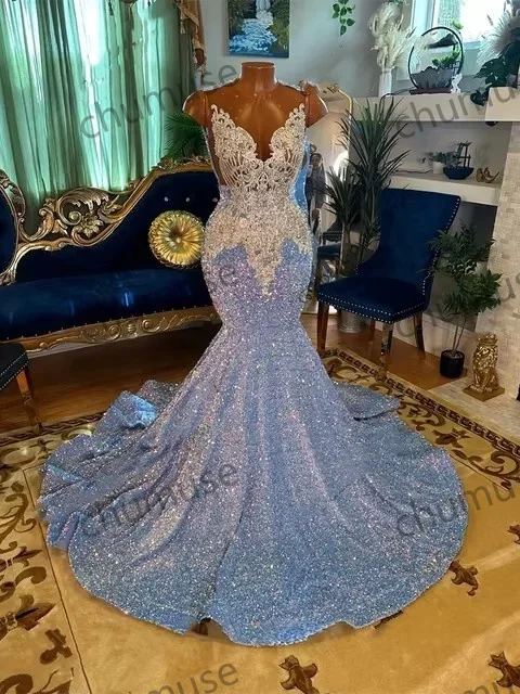 women's boho dressesBlue O Neck Long Prom Dresses For Black Girls Bead Crystal Appliques women's boho dressesBlue O Neck Long Prom Dresses For Black Girls Bead Crystal Appliques