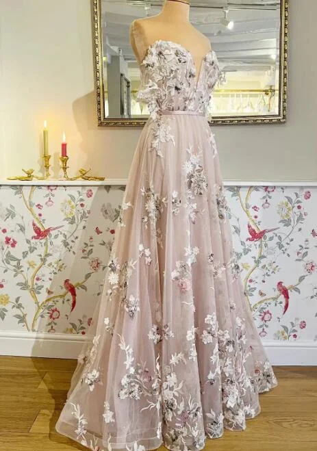 Laced-Up DressSweetheart Flowers Long Prom Dress off the shoudler gown