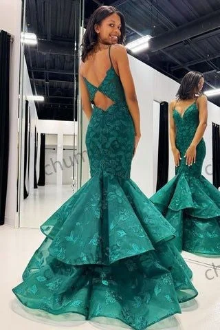 women's stretchy dressesHunter Green V-Neck Lace Applique Layered Mermaid Prom Dress women's stretchy dressesHunter Green V-Neck Lace Applique Layered Mermaid Prom Dress