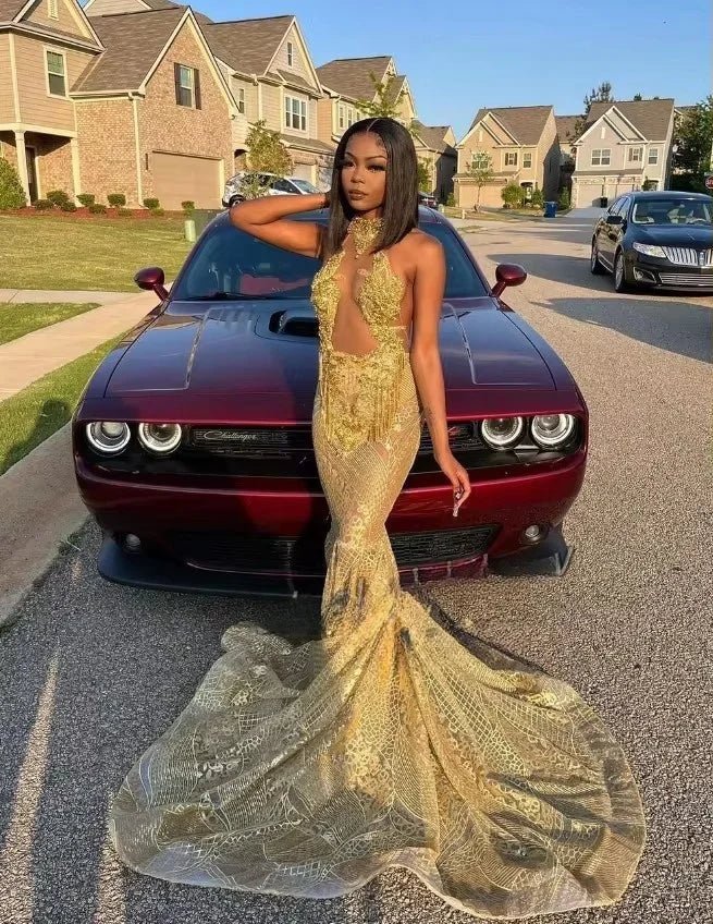 women's beach dresses2025 Sexy Gold Sequins Mermaid Prom Dresses Glitter Crystal Appliques Cutout Mermaid Evening Occasion Birthday Gowns Customised