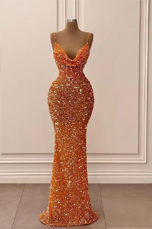 women's halter dressesOrange V-Neck Mermaid Spaghetti-Straps Long Prom Dress With Sequins Y537 women's halter dressesOrange V-Neck Mermaid Spaghetti-Straps Long Prom Dress With Sequins Y537