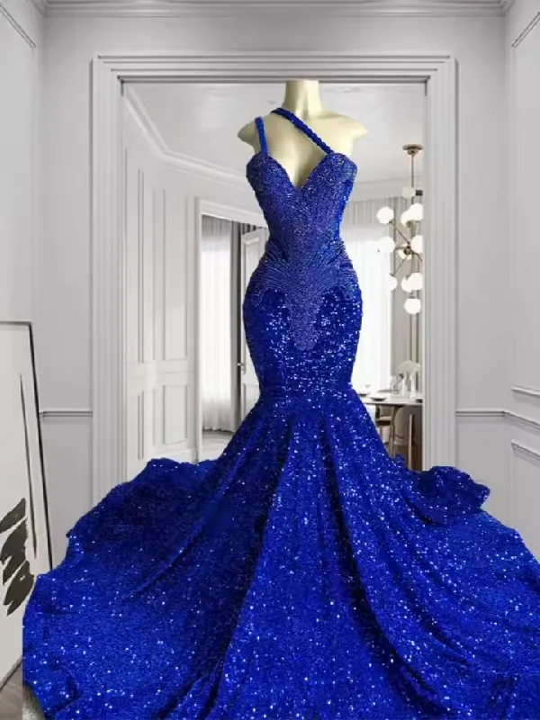 women's plus-size dressesElegant Royal Blue Long Prom Dress Beading Crystal Birthday Dress Sequins Evening Robe 2025 Customized