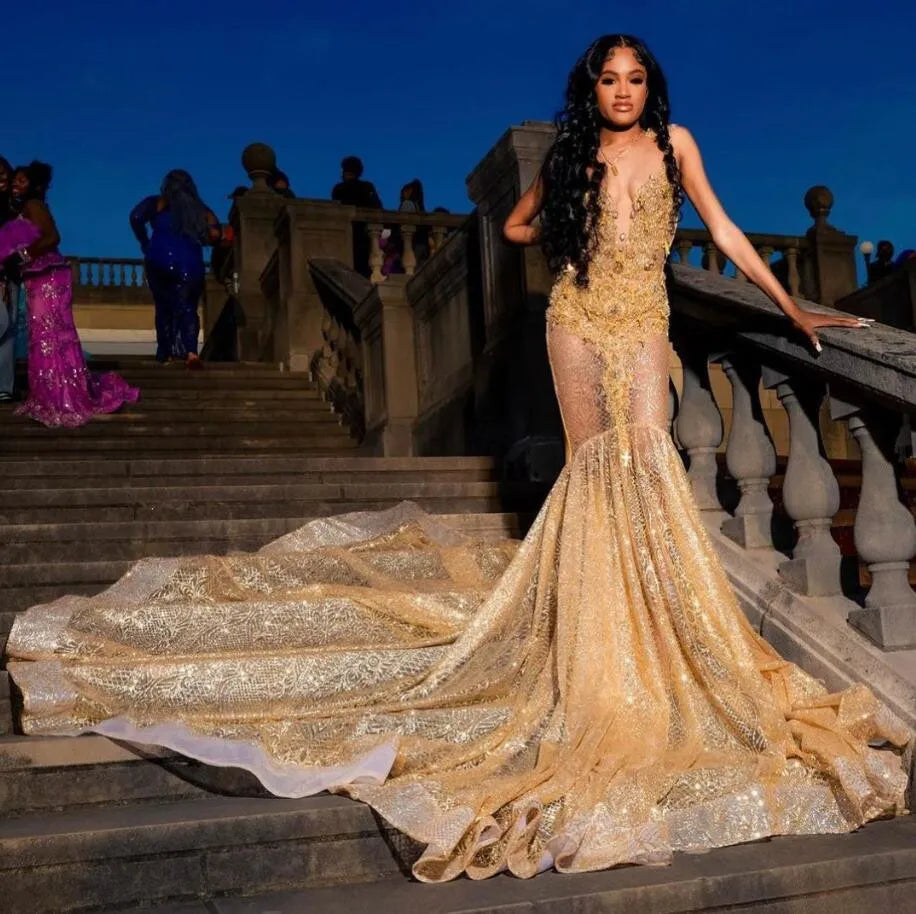 women's smart casual dressesGold Luxury Mermaid Prom Queen Dress for Women Sparkly Diamond Crystal Sweep Train Black Girl Birthday Evening Gown Robe De Bal