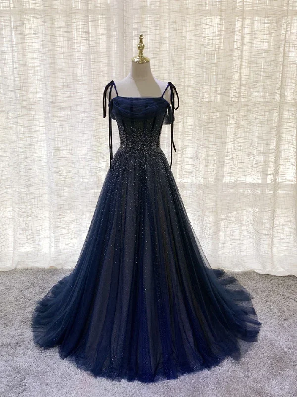 women's short-sleeved dressesDark Blue Tulle Sequin Long Prom Dress, Dark Blue Tulle Formal Dress Y523