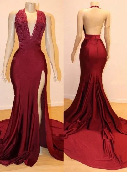 women's wrap dressesBurgundy V-Neck Mermaid Prom Dress Slit With Appliques Y506