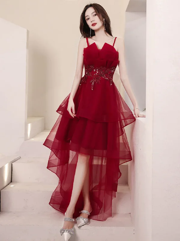 Ruffled Hem DressBurgundy High Low Prom Dresses Y258