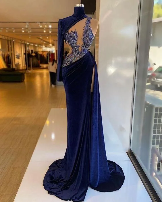 women's long-sleeved dressesHigh Neck Velvet Prom Dress High Slit,Unique Prom Dress Y515