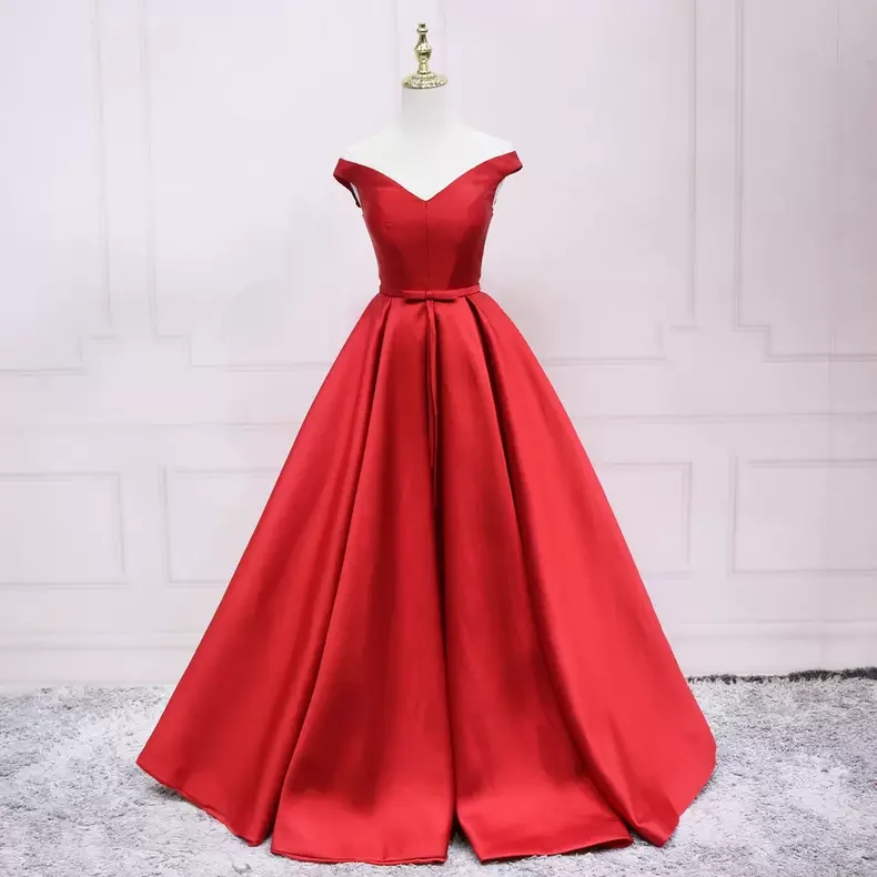Solid Color DressElegant Off The Shoulder Red Satin Prom Dress s29
