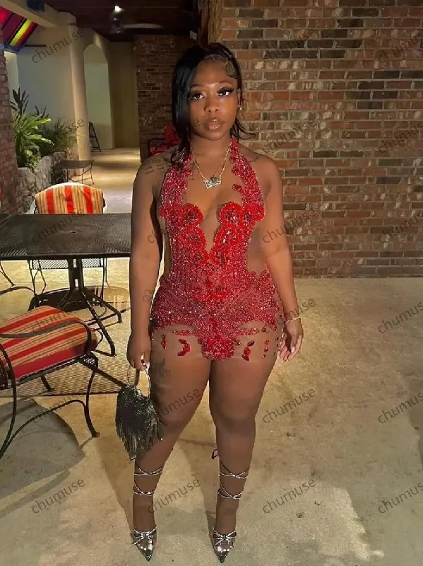 women's maternity dressesRed Crystals Beaded Short Prom Dresses Stunning See Through women's maternity dressesRed Crystals Beaded Short Prom Dresses Stunning See Through