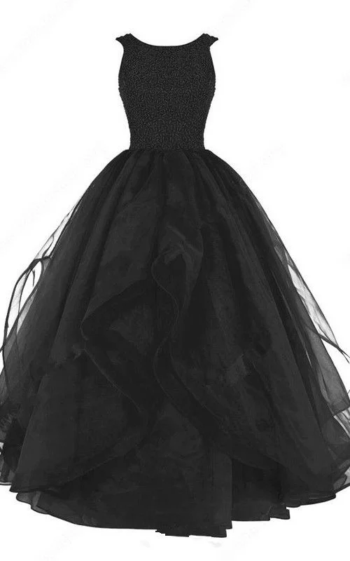 Knit DressBlack Ball Gown Scoop Neck Organza Sleeveless Beading Long Prom Dress  S7467