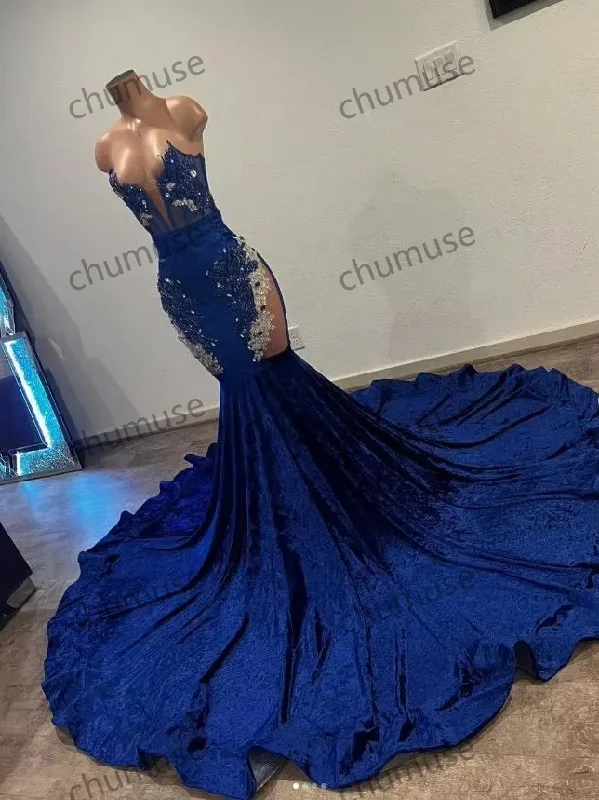 women's eco-friendly dressesBlue Mermaid African Prom Dress For Women Cusotmized Luxury Beaded Sheer women's eco-friendly dressesBlue Mermaid African Prom Dress For Women Cusotmized Luxury Beaded Sheer