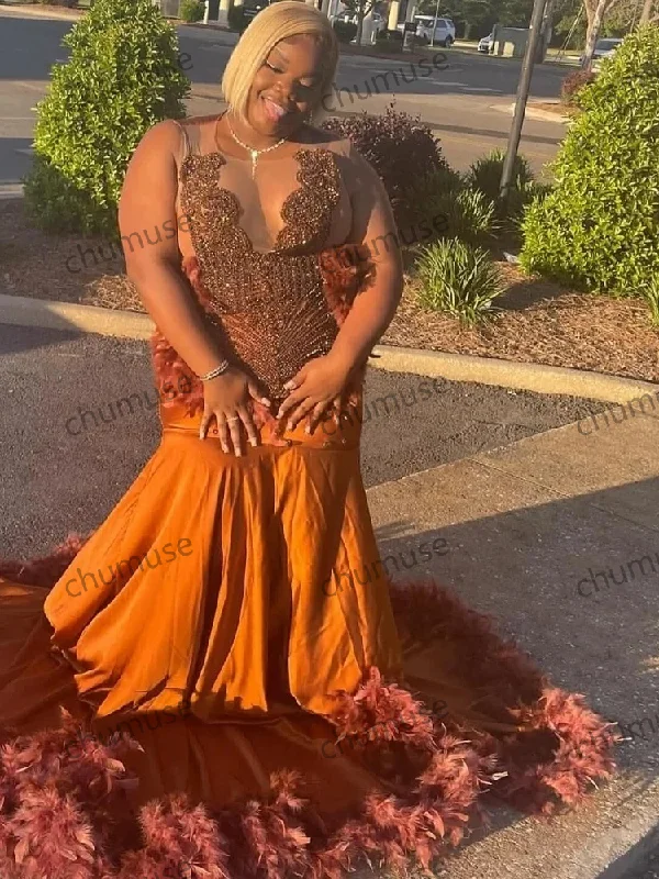 A-Line DressSexy Orange Feathers Mermaid Prom Dress Beading Gillter African
