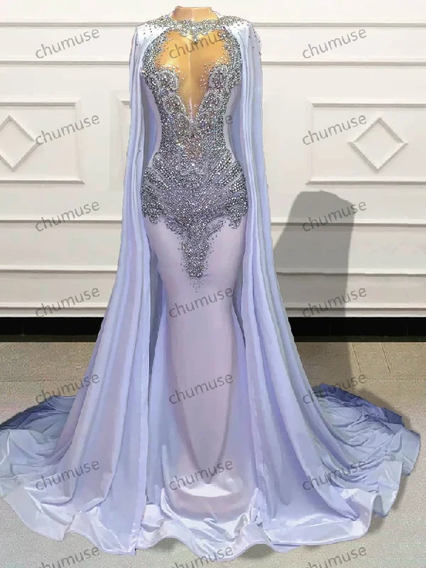 women's checkered dressesLuxury Mermaid Long Prom Dresses with Cape