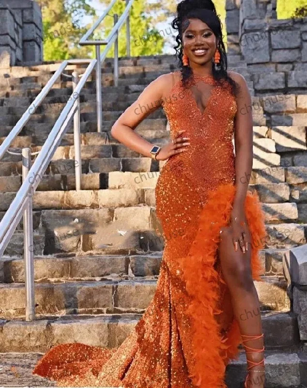 women's vacation dressesOrange Luxury African Evening Reception Dresses for Women Sparkly Diamond Feather Velvet Slit Prom Gown Black Girl women's vacation dressesOrange Luxury African Evening Reception Dresses for Women Sparkly Diamond Feather Velvet Slit Prom Gown Black Girl