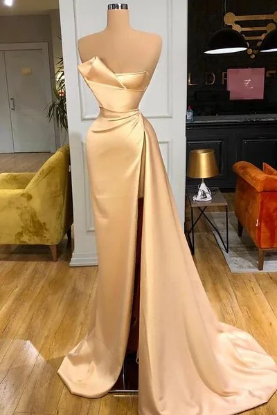 women's limited-edition dressesGlamorous Champagne Starpless Long Prom Dress With Split Y50 women's limited-edition dressesGlamorous Champagne Starpless Long Prom Dress With Split Y50