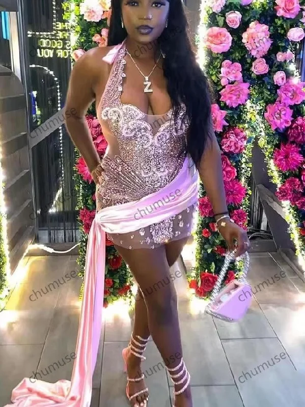 women's smart casual dressesSparkly Pink Diamonds Prom Dress Halter Glitter Bead Crystal Rhinestones Side Train women's smart casual dressesSparkly Pink Diamonds Prom Dress Halter Glitter Bead Crystal Rhinestones Side Train