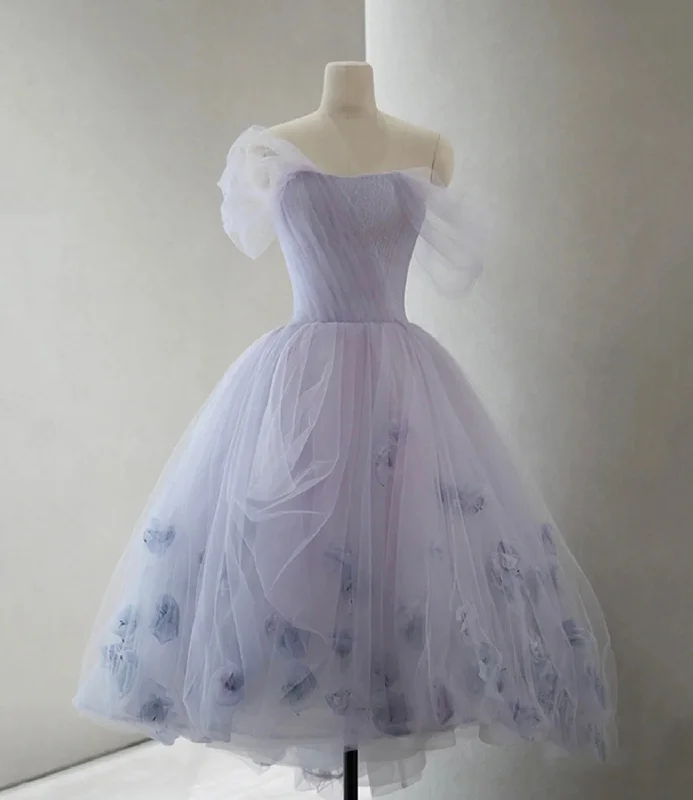 Flutter-Sleeve DressPurple Tulle Short Prom Dress A Line Evening Dress