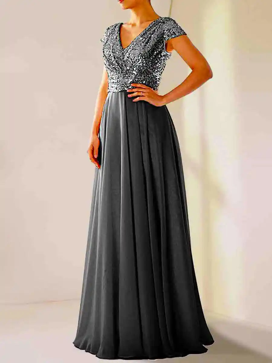 Solid Color DressA-line Sleeveless Chiffon Paneled Sequin V-neck Prom Dress