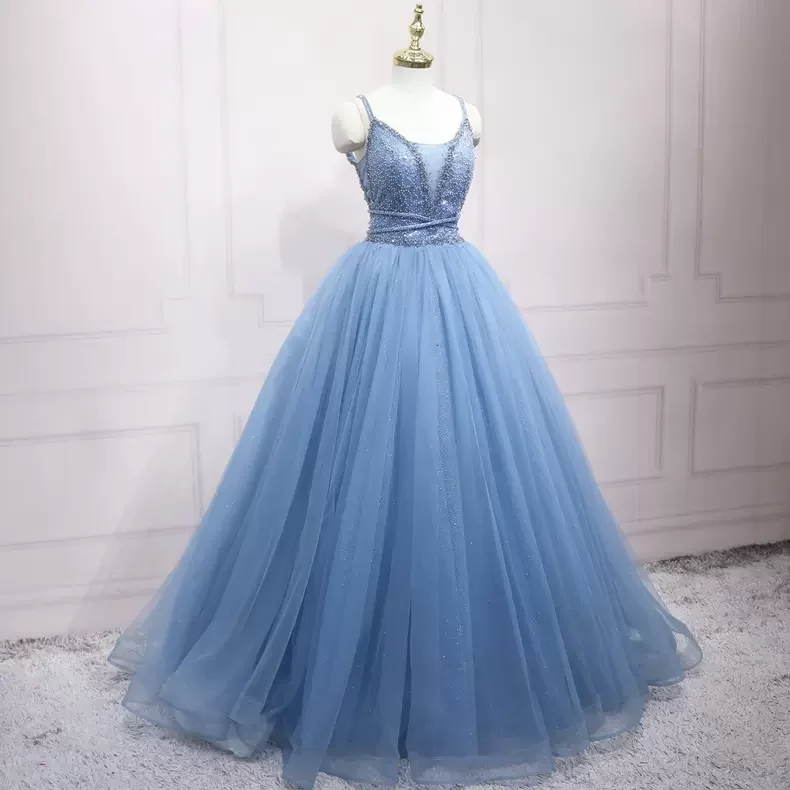 Satin DressSpaghetti Straps Blue V Neck Prom Dress Charming Prom Dress s46