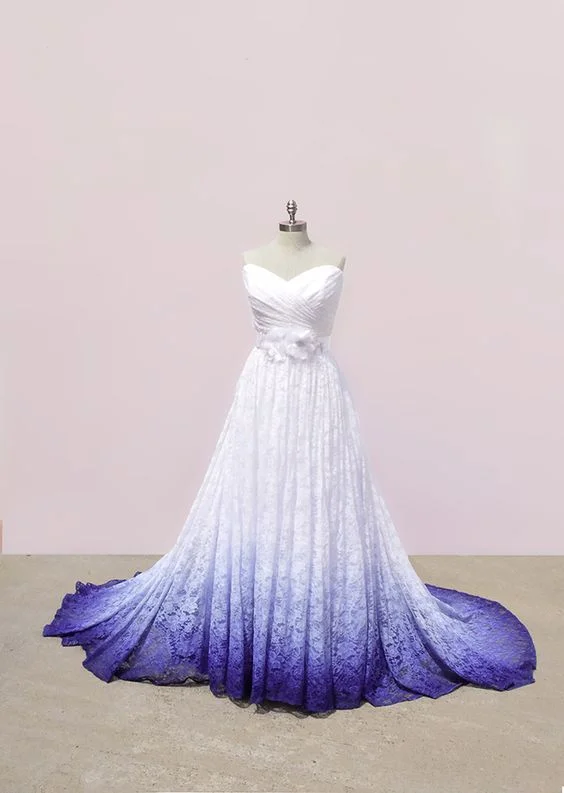 Short-Sleeve DressWhite and Purple Sweetheart Lace Prom Dress, Ombre Prom Dresses with Flowers S10868