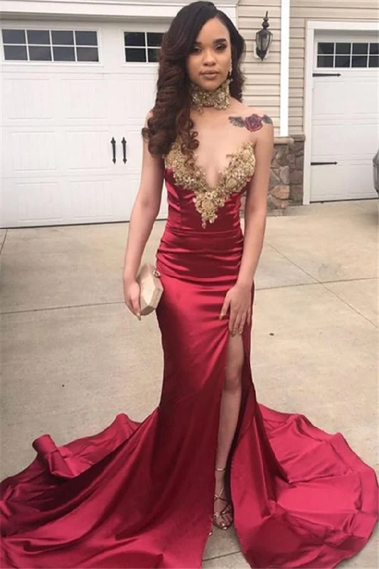 women's metallic dressesCharming Prom Dresses Burgundy Elastic Satin Side Slit Sweetheart With Gold Appliques Y554 women's metallic dressesCharming Prom Dresses Burgundy Elastic Satin Side Slit Sweetheart With Gold Appliques Y554