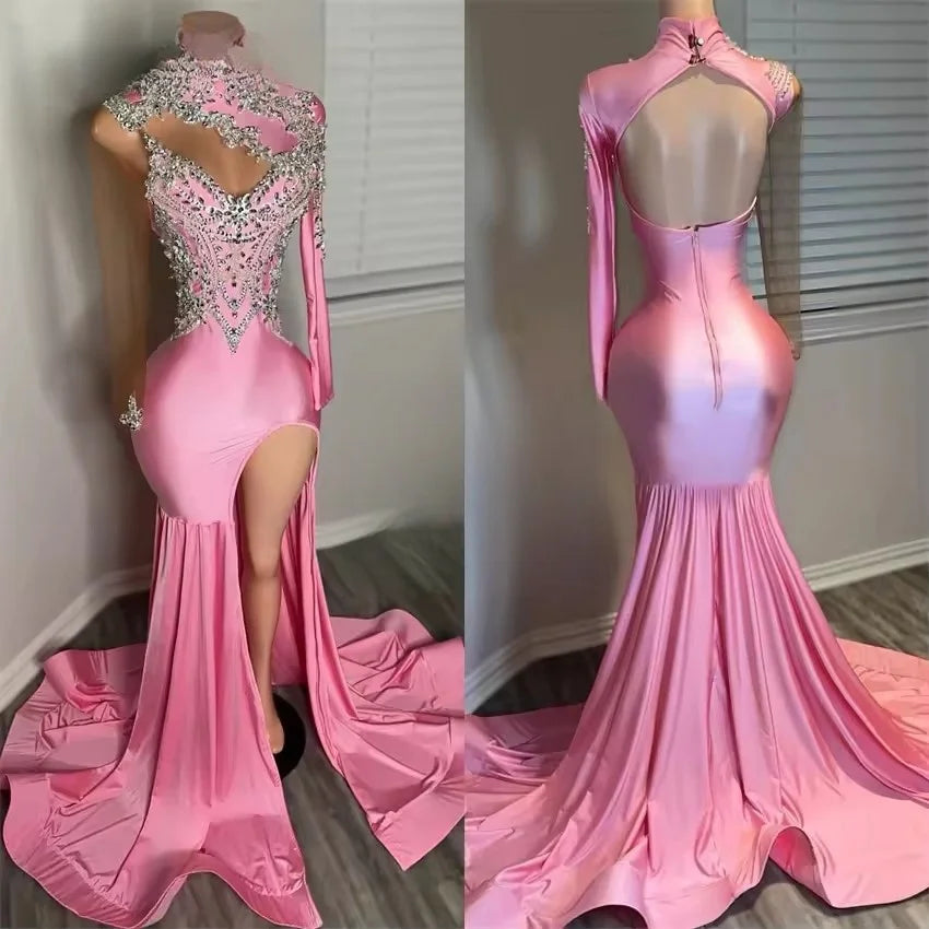 Sleeveless DressLuxury Pink Long Prom Dress Long Sleeves Evening Dresses Bead Crystals High Neck Birthday Dress Customized Sleeveless DressLuxury Pink Long Prom Dress Long Sleeves Evening Dresses Bead Crystals High Neck Birthday Dress Customized
