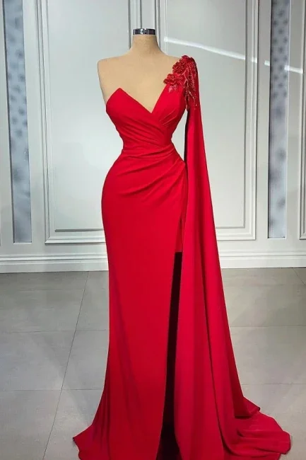 women's long-sleeved dressesRed One-shoulder Sleeveless Mermaid Satin Floor-Length Prom Dresses With Ruffles Y155 women's long-sleeved dressesRed One-shoulder Sleeveless Mermaid Satin Floor-Length Prom Dresses With Ruffles Y155