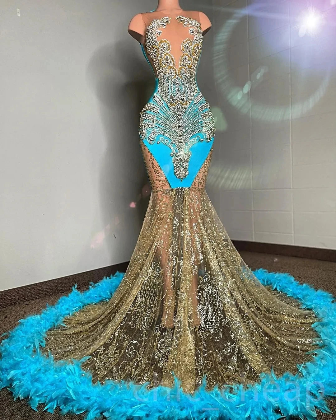 women's hourglass figure dressesTurquoise African American Prom Dresses Mermaid Sheer Beaded Feather Black Girls Nigeria Robe De Soiree Evening Gown Customized