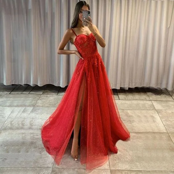 Peter Pan Collar DressSparkling Sexy Red Spaghetti Straps Sweetheart Lace Top Side-slit A-line Long Prom Dress
