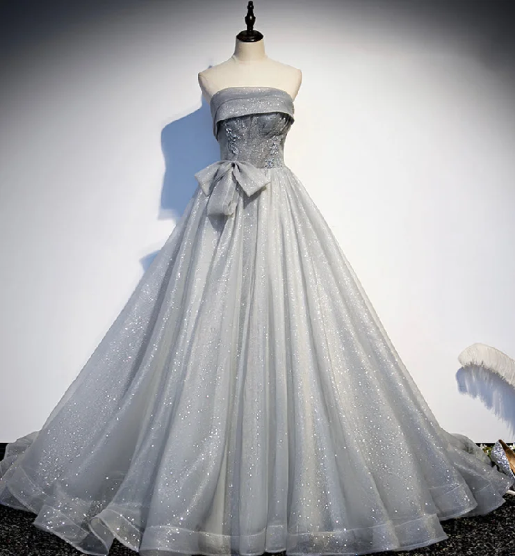 Short-Sleeve DressGray tulle sequins long prom dress formal dress s81