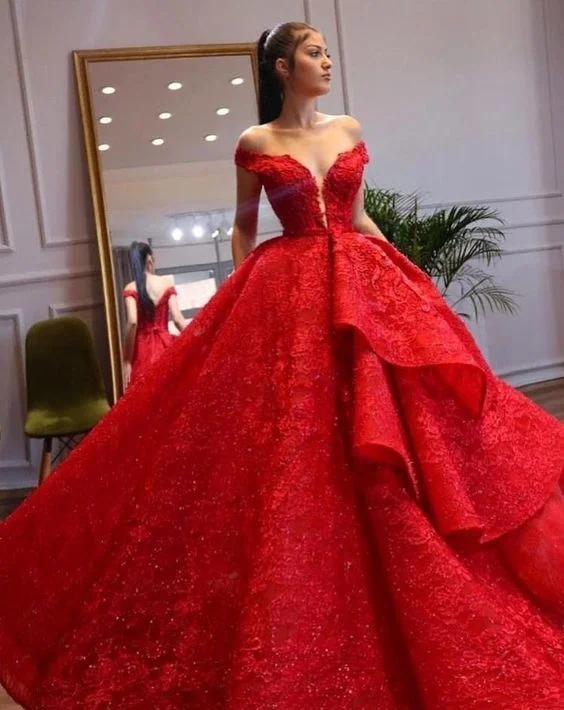 women's statement dressesOff the Shoulder Red Prom Dresses Birthday Gown S17299