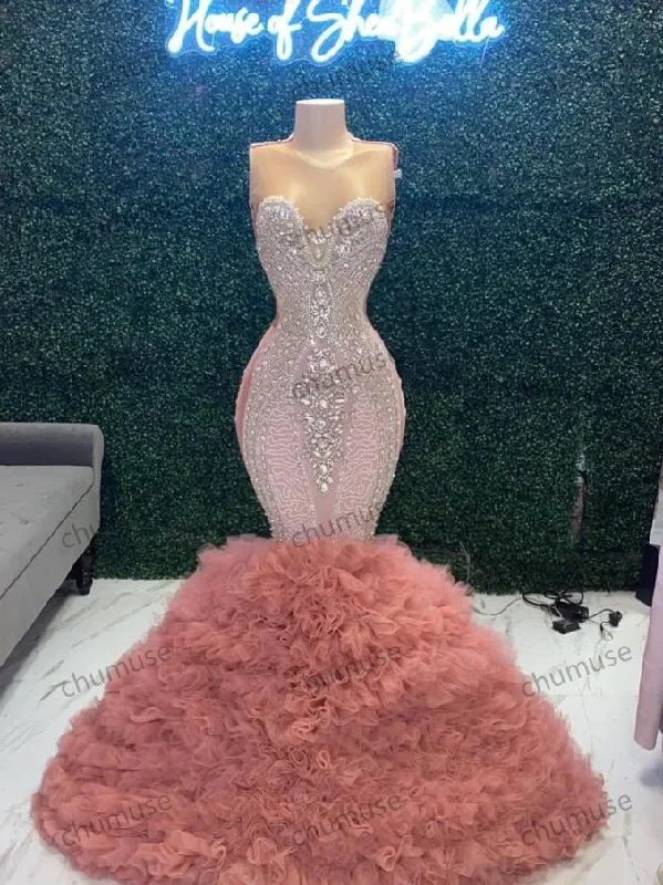 Cut-Out DressRose Pink Sparkly African Prom Ceremony Dresses for Women Luxury Diamond Crystal Ruffles Skirt Evening Gown Cut-Out DressRose Pink Sparkly African Prom Ceremony Dresses for Women Luxury Diamond Crystal Ruffles Skirt Evening Gown