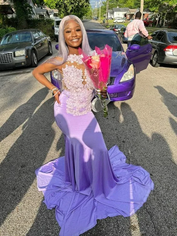 Chiffon DressPurple Mermaid Lace Appliques African Prom Dress Evening Dress