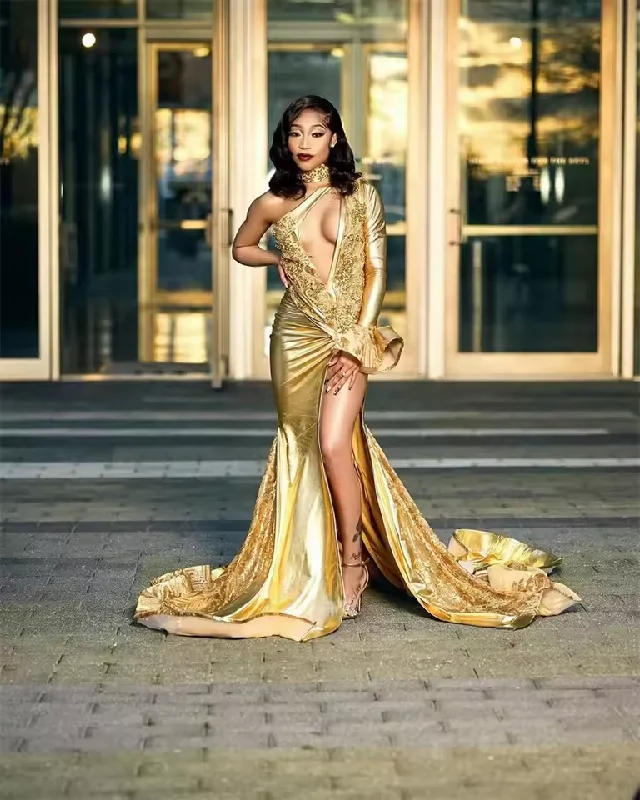 women's bow dressesSparkly Golden Mermaid Prom Dresses For Black Girls One Shoulder Crystal Beading Sequins Tassels Birthday Dress Customized