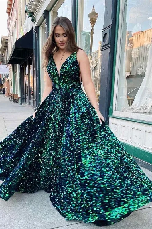 Empire DressSparkly Dark Green Sequins Long Prom Dress with Pockets Y347
