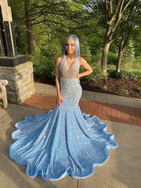 women's eco-friendly dressesSexy shimmery blue prom dress, sparkling sequin reception dress, evening cocktail graduation gown Y471
