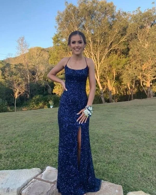 Plus-Size DressNavy blue sequin cross back prom dresses