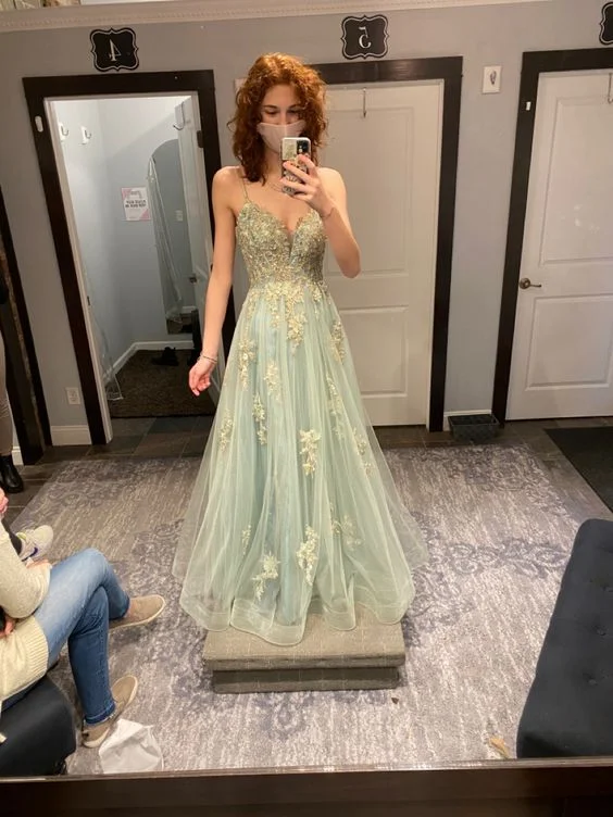 Neon DressA-line V Neck Tulle Lace Prom Dress Senior Prom Gown Y311