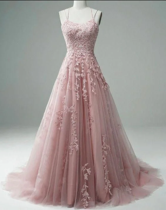 Party DressPink Spaghetti Straps Tulle Appliques Prom Dress Senior Prom Dress Y40