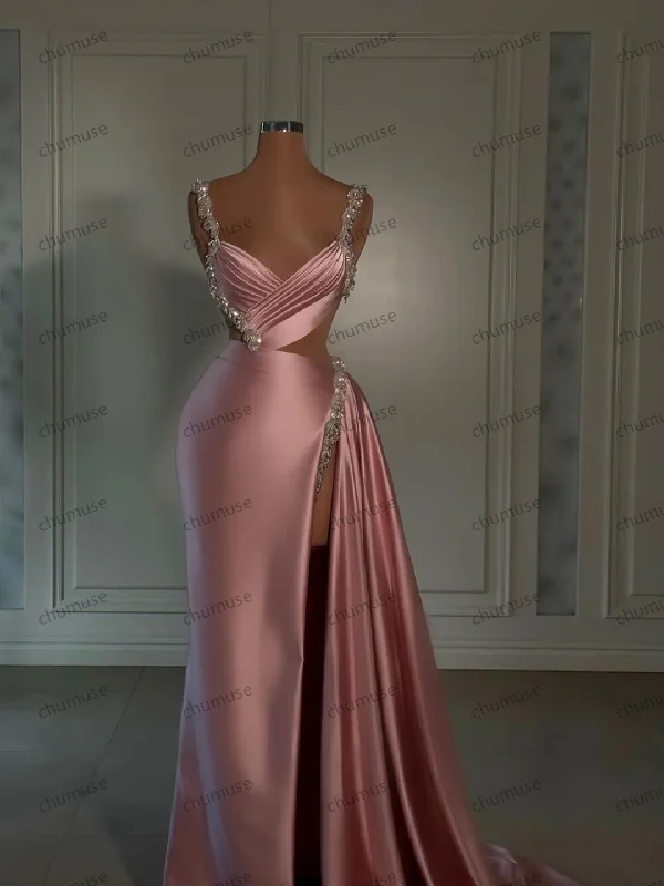 Organza DressPink Prom Dress: Sweetheart Spaghetti Strap with High Slit Trail