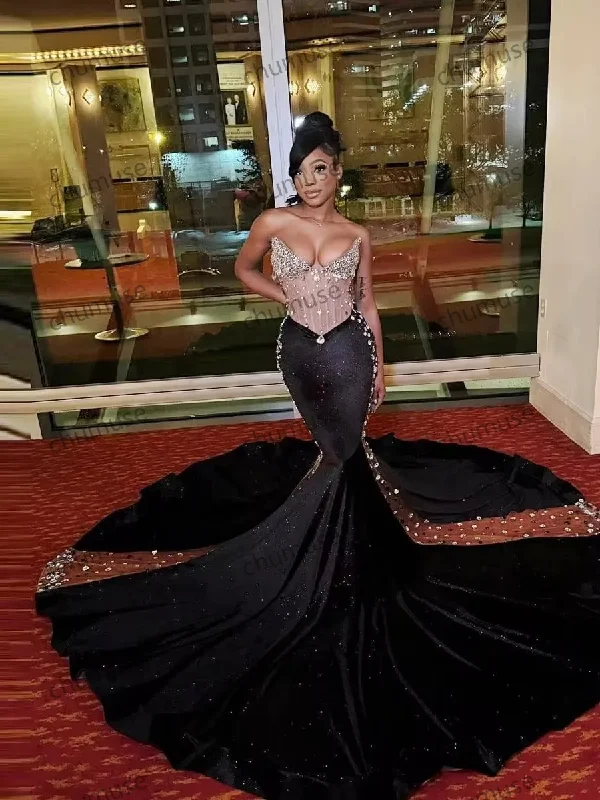 women's vintage dressesGlitter Black Velvet Mermaid Prom Dresses Sweetheart Neck Beaded Sweep Train women's vintage dressesGlitter Black Velvet Mermaid Prom Dresses Sweetheart Neck Beaded Sweep Train